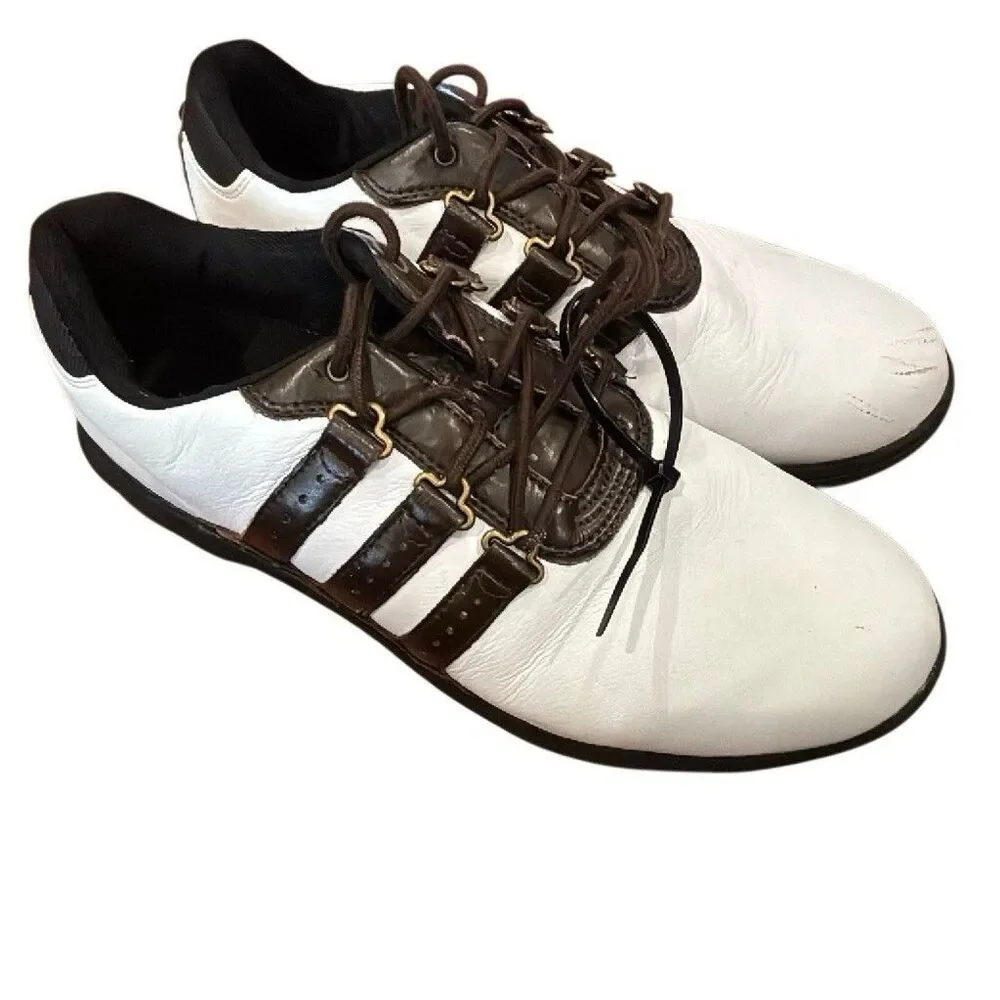 adidas Adipure Men's Golf Shoes Leather Spiked Lace Up White Brown Black size 9